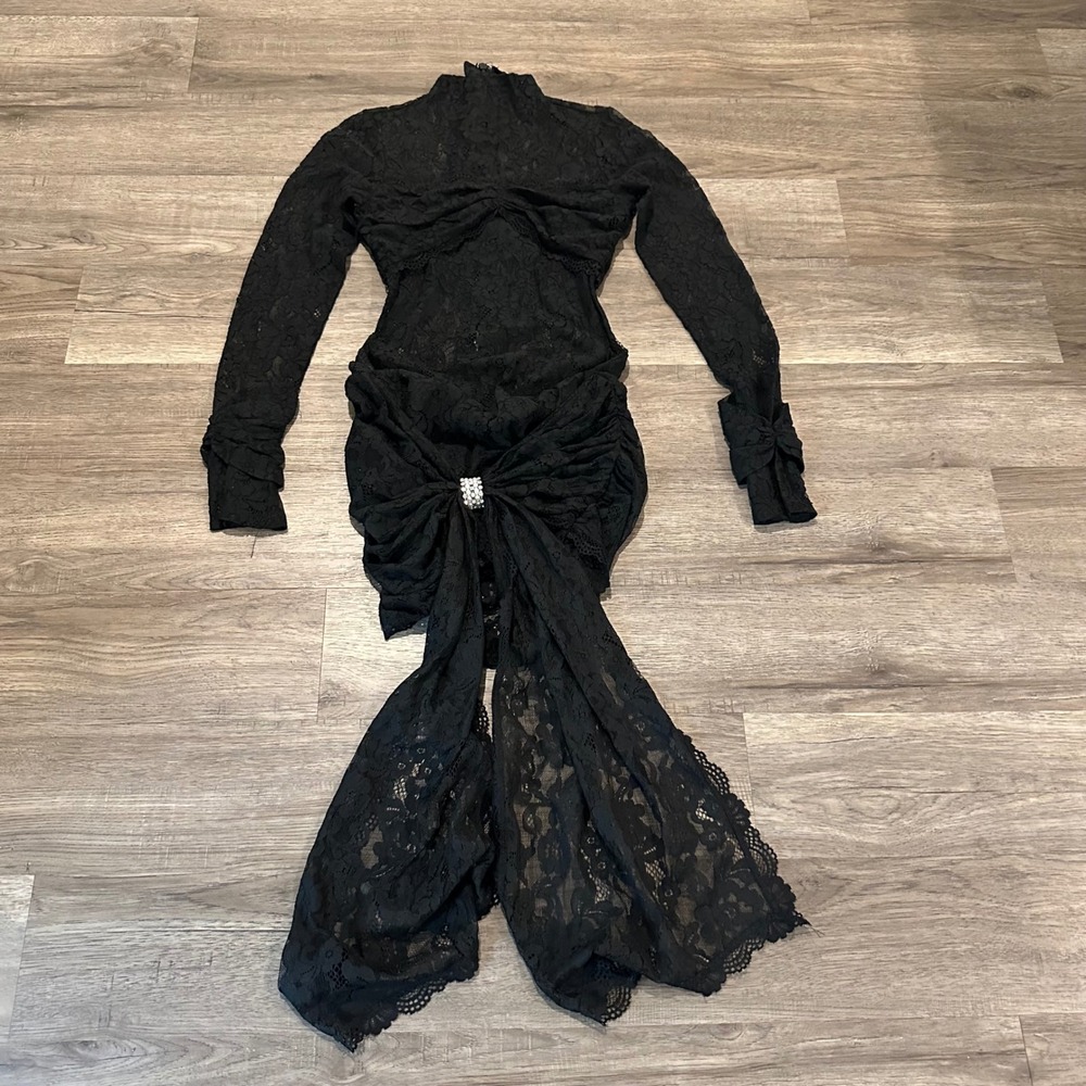 Murci Black Lace Mini Dress Long Sleeve Mock Neck Rhinestone Draped Back US 4